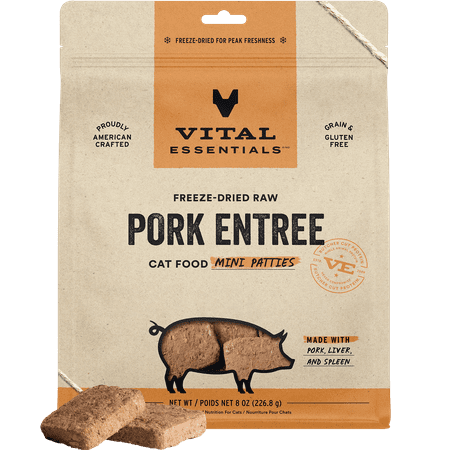 Vital Essentials Freeze Dried Cat Food, Raw Pork Mini Patties | Complete Meal or Topper | Easy to Portion and Rehydrate | High Protein, Grain Free Dry Cat Food | 8 oz bag