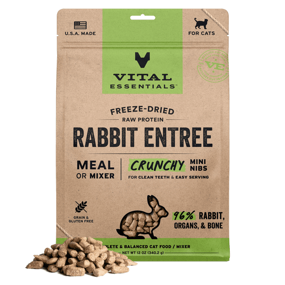 Vital Essentials Freeze Dried Cat Food, Raw Rabbit Crunchy Mini Nibs | Complete Meal or Topper | 96% Rabbit, Organs & Bone | Limited Ingredient, High Protein, Grain Free Dry Cat Food | 12 oz bag