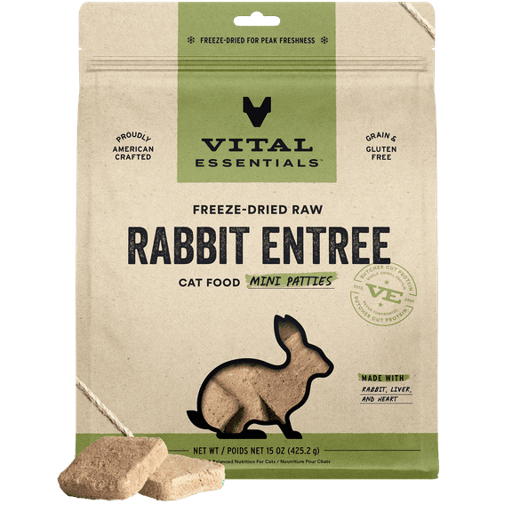 Vital Essentials Freeze Dried Cat Food, Raw Rabbit Mini Patties | Complete Meal or Topper | Easy to Portion and Rehydrate | High Protein, Grain Free Dry Cat Food | 15 oz bag