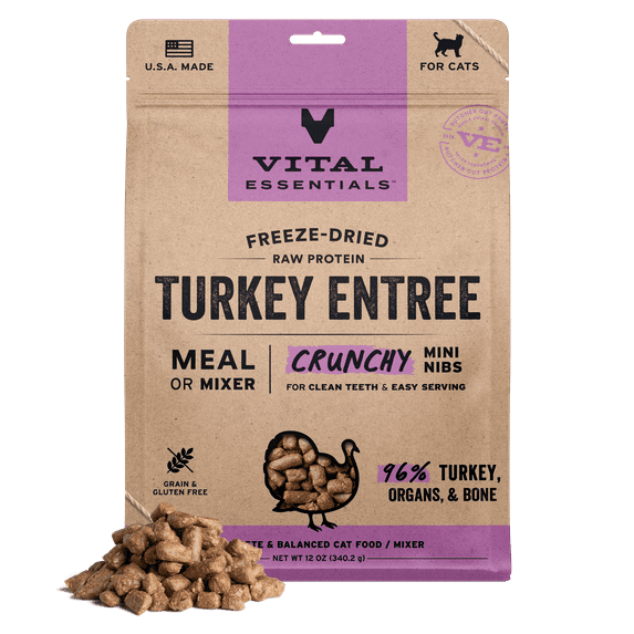 Vital Essentials Freeze Dried Cat Food, Raw Turkey Crunchy Mini Nibs | Complete Meal or Topper | 96% Turkey, Organs & Bone | Limited Ingredient, High Protein, Grain Free Dry Cat Food | 12 oz bag
