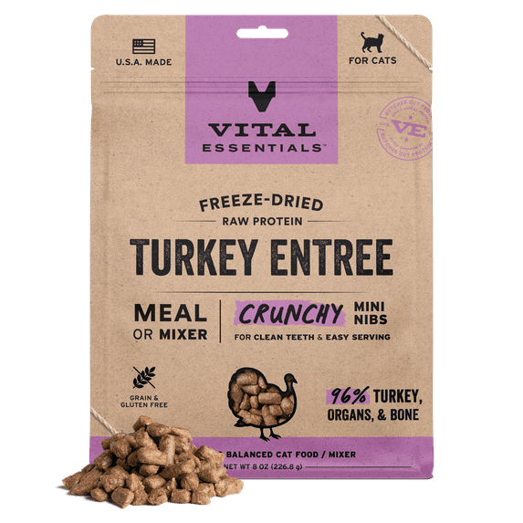 Vital Essentials Freeze Dried Cat Food, Raw Turkey Crunchy Mini Nibs | Complete Meal or Topper | 96% Turkey, Organs & Bone | Limited Ingredient, High Protein, Grain Free Dry Cat Food | 8 oz bag