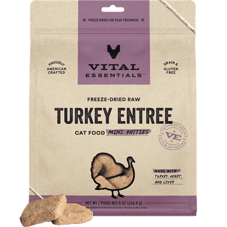 Vital Essentials Freeze Dried Cat Food, Raw Turkey Mini Patties | Complete Meal or Topper | Easy to Portion and Rehydrate | High Protein, Grain Free Dry Cat Food |8 oz bag