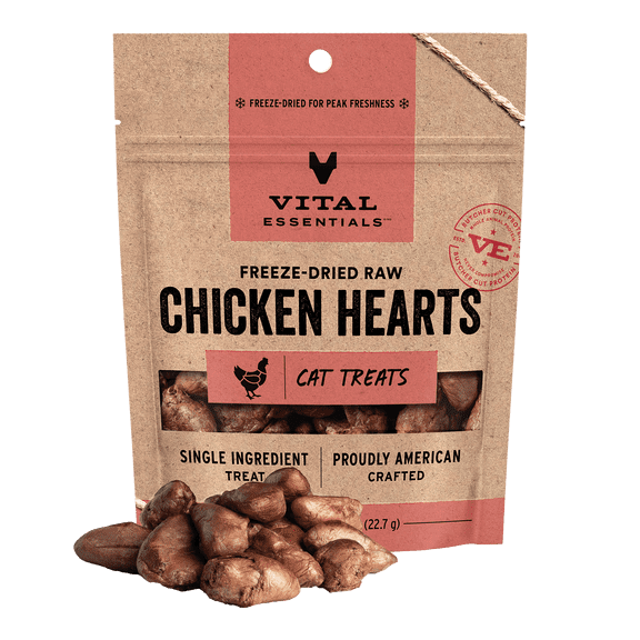 Vital Essentials Freeze Dried Raw Chicken Hearts Cat Treats | Single Ingredient | Grain Free, Healthy Treats for Cats, 0.8 oz bag