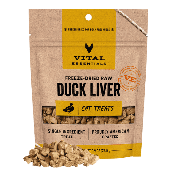 Vital Essentials Freeze Dried Cat Treats | Duck Liver, Single Ingredient | Grain Free, Healthy Treats for Cats, 0.9 oz bag