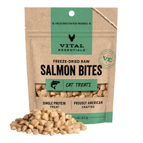 Vital Essentials Freeze Dried Cat Treats | Salmon Bites, Single Protein | Grain Free, Crunchy Cat Treats, 1.1 oz bag