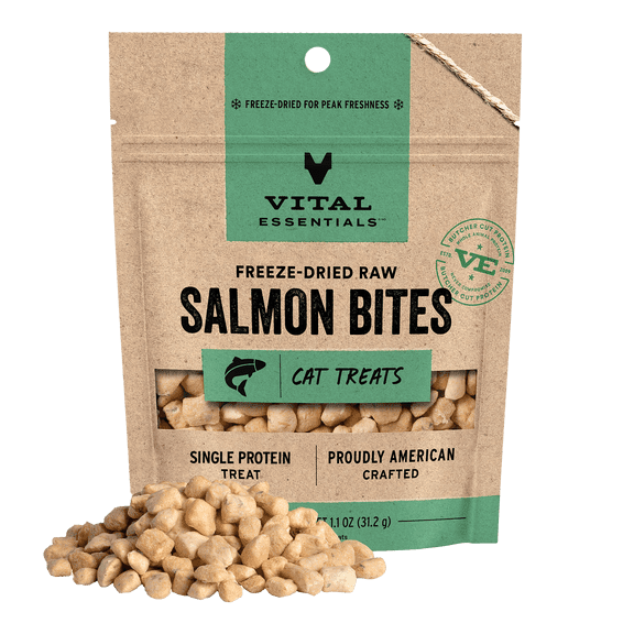Vital Essentials Freeze Dried Cat Treats | Salmon Bites, Single Protein | Grain Free, Crunchy Cat Treats, 1.1 oz bag