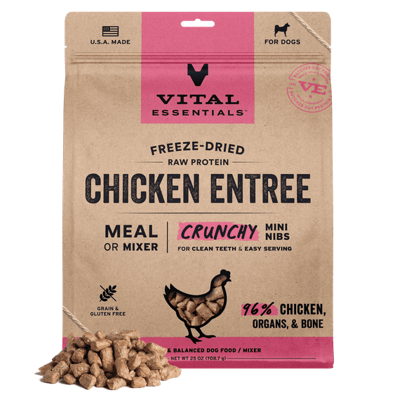 Vital Essentials Freeze Dried Dog Food, Raw Chicken Crunchy Mini Nibs | Complete Meal or Topper | 96% Chicken, Organs & Bone | High Protein, Limited Ingredient, Grain Free Dry Dog Food | 25 oz bag