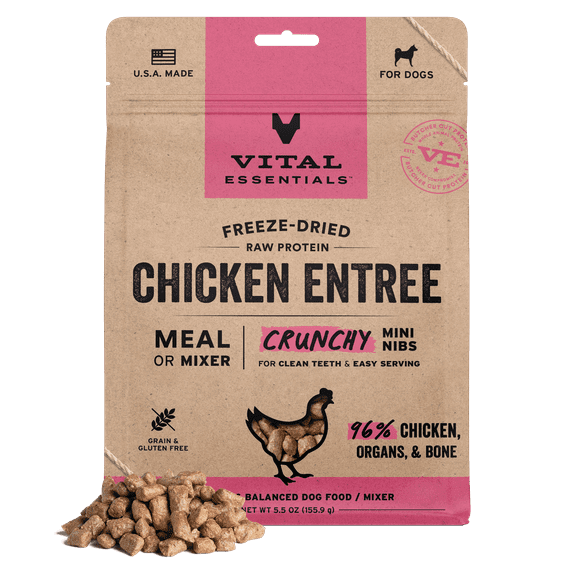 Vital Essentials Freeze Dried Dog Food, Raw Chicken Crunchy Mini Nibs | Complete Meal or Topper | 96% Chicken, Organs & Bone | Limited Ingredient, High Protein, Grain Free Dry Dog Food | 5.5 oz bag