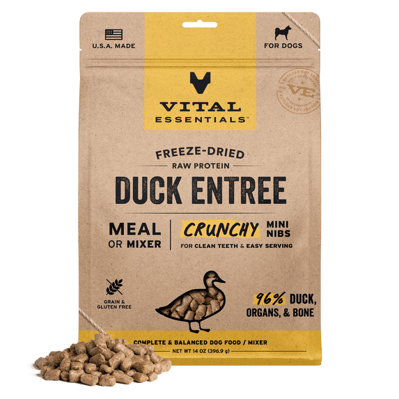 Vital Essentials Freeze Dried Dog Food, Raw Duck Crunchy Mini Nibs | Complete Meal or Topper | 96% Duck, Organs & Bone | Limited Ingredient, High Protein, Grain Free Dry Dog Food | 14 oz bag