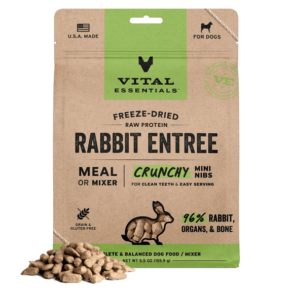 Vital Essentials Freeze Dried Dog Food, Raw Rabbit Crunchy Mini Nibs | Complete Meal or Topper | 96% Rabbit, Organs & Bone | Limited Ingredient, High Protein, Grain Free Dry Dog Food | 5.5 oz bag