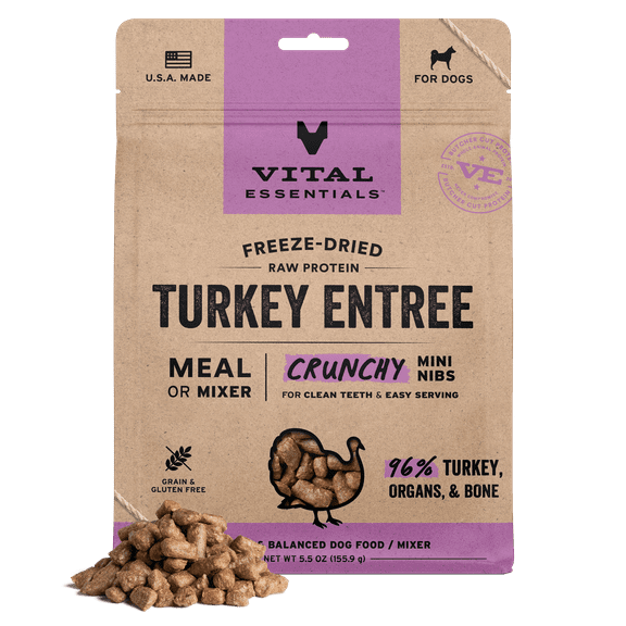 Vital Essentials Freeze-Dried Raw Turkey Meal or Mixer Dog Food Crunchy Mini Nibs, 5.5 oz