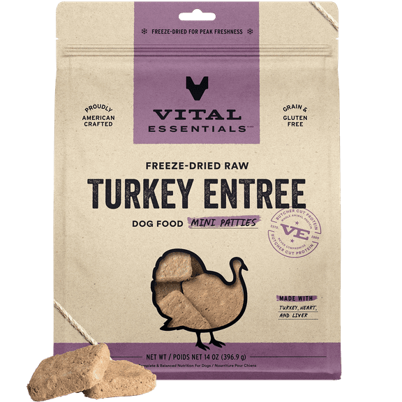Vital Essentials Freeze-Dried Raw Dog Food, Turkey Mini Patties Entree, 14 oz