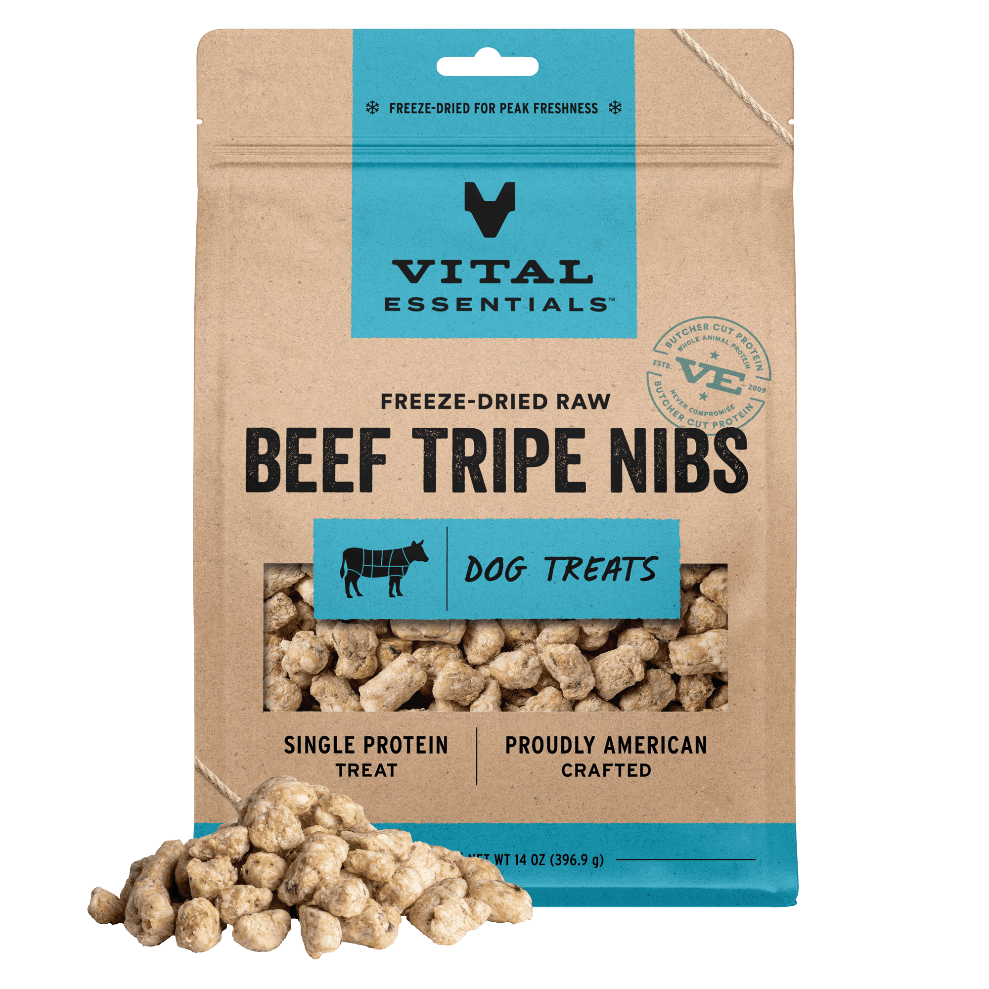 Vital Essentials Freeze Dried Dog Treats | Beef Tripe Nibs (Large Bites), Single Protein | Grain Free Training Treats for Dogs, 14 oz bag