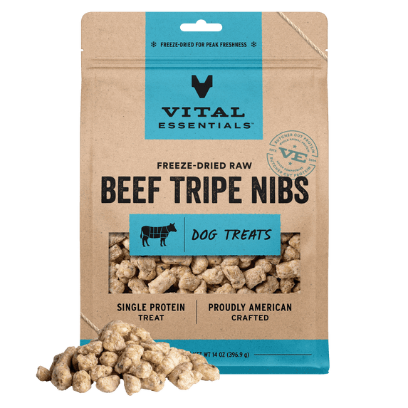 Vital Essentials Freeze Dried Dog Treats | Beef Tripe Nibs (Large Bites), Single Protein | Grain Free Training Treats for Dogs, 14 oz bag