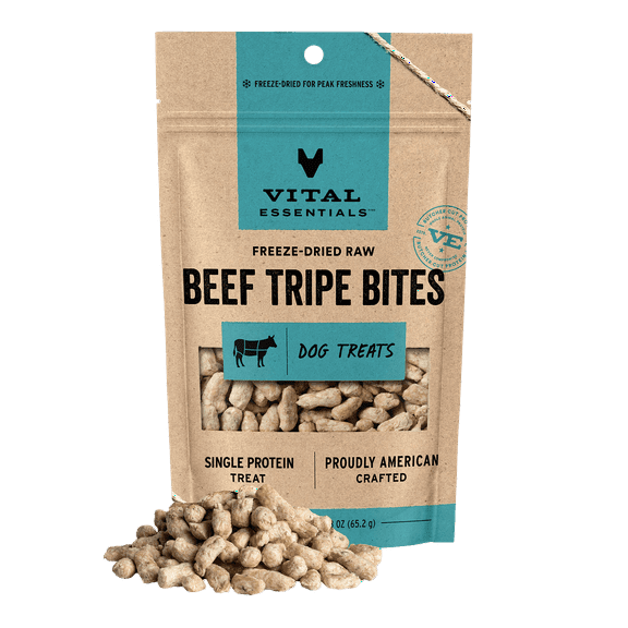 Vital Essentials Beef Tripe Bites Dog Treats, 2.3 oz | Freeze-Dried Raw | Single Protein | Training Treats or Meal Toppers