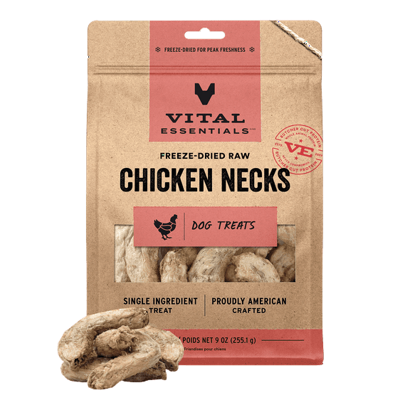 Vital Essentials Freeze Dried Raw Chicken Necks Dog Treats | Single Ingredient | Grain Free Treats for Dogs, 9 oz bag