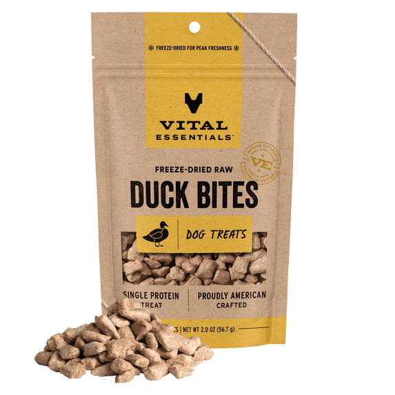 Vital Essentials Freeze Dried Dog Treats | Duck Bites, Single Protein | Grain Free Training Treats for Dogs, 2 oz bag