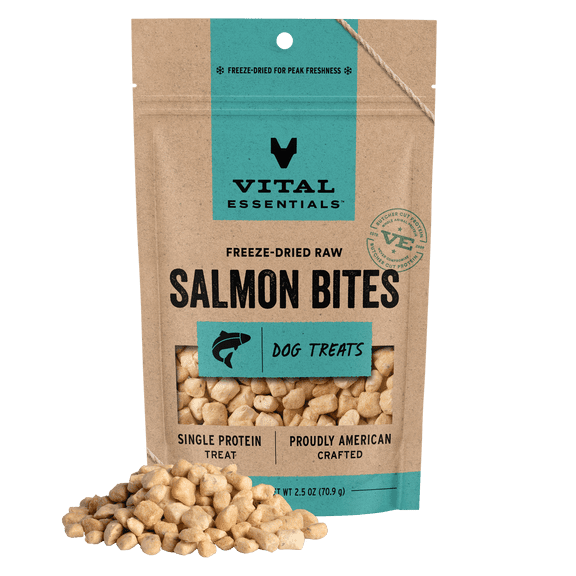 Vital Essentials Freeze Dried Dog Treats | Salmon Bites, Single Protein | Grain Free Training Treats for Dogs, 2.5 oz bag