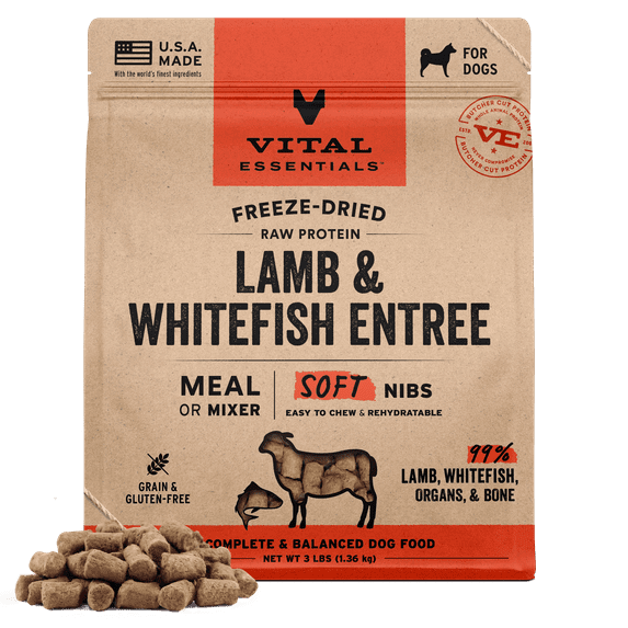 Vital Essentials Freeze Dried Dog Food, Raw Lamb & Whitefish Soft Nibs | Complete Meal or Topper | 99% Lamb, Whitefish, Organs & Bone | High Protein, Grain Free Dry Dog Food | 3 lb bag