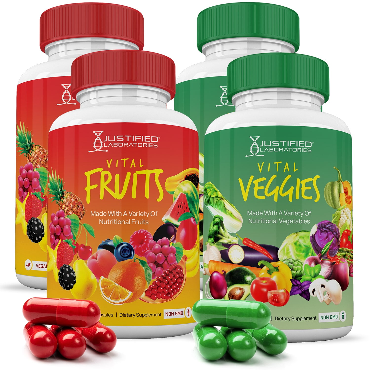 Vital Fruits and Veggies Supplement Whole Food Red & Green Superfoods Non GMO Vegan Friendly 90 Veggies Capsules Per Bottle 4 Bottles