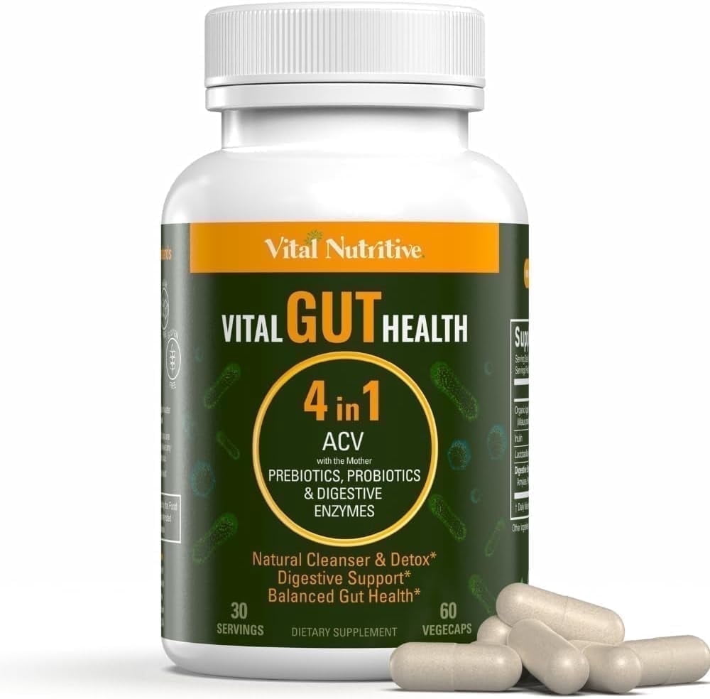 Vital Gut Health 4-in-1 Supplement – Prebiotics, Probiotics, Digestive Enzymes, and Apple Cider Vinegar – Supports Digestive Wellness and Overall Daily Health