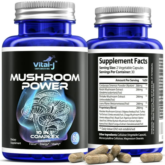 Vital-J Empowering Mushroom Power Complex 10-in-1 Nootropic Dietary Supplement for Gut Microbiome, Focus, Energy & Vitality - 120 Capsules
