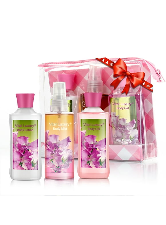 Vital Luxury Bath & Body Care Gift Travel Set - with Body Lotion, Shower Gel and Fragrance Mist, Unisex Scent  - Pea Flower - Great for Gifting