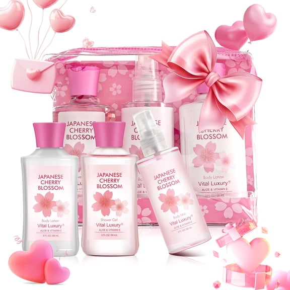 Vital Luxury Cherry Blossom Scented Bath and Body Gift Set, 3 Pieces,with Shower Gel,Body Lotion, and Body Mist