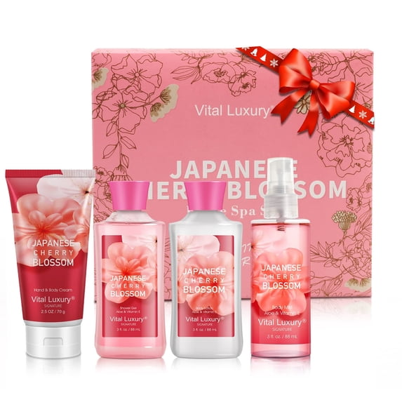 Vital Luxury Bath&Body Kit,4 Pcs Japanese Cherry Blossom Scents,with Body Lotion,Shower Gel,Hand Cream,and Fragrance Mist,Bath Gifts for Unisex