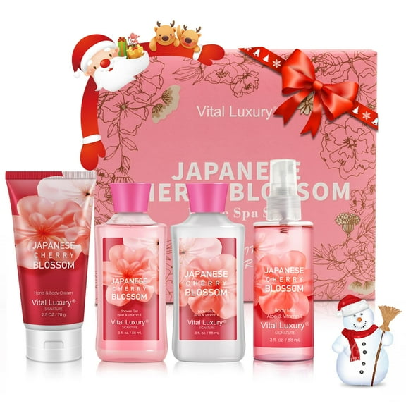 Vital Luxury Bath&Body Kit,4 Pcs Japanese Cherry Blossom Scents,with Body Lotion,Shower Gel,Hand Cream,and Fragrance Mist,Bath Gifts for Unisex