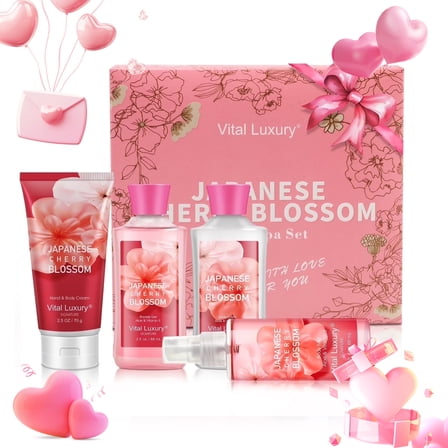 Vital Luxury Bath&Body Kit,4 Pcs Japanese Cherry Blossom Scents,with Body Lotion,Shower Gel,Hand Cream,and Fragrance Mist,Bath Gifts for Unisex