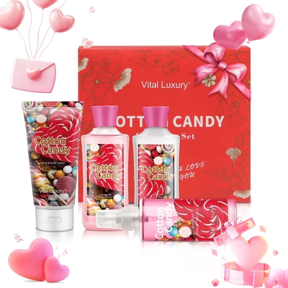 Vital Luxury Bath & Body Kit,Cotton Candy Scent for Unisex,Skincare Gift Home Spa Set,with Body Lotion,Mist,Gel and Hand Cream