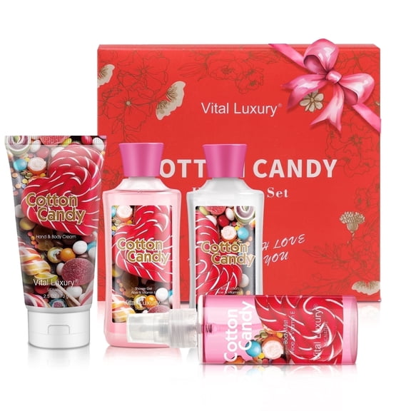 Vital Luxury Bath & Body Kit,Cotton Candy Scent for Unisex,Skincare Gift Home Spa Set,with Body Lotion,Mist,Gel and Hand Cream