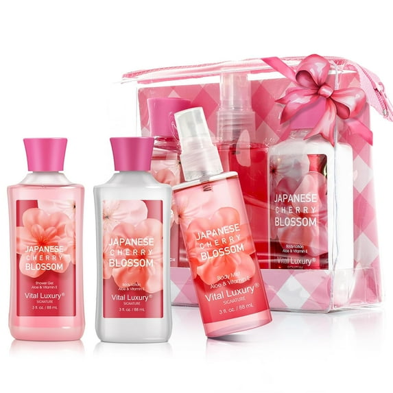 Vital Luxury Cherry Blossom Scented Bath and Body Gift Set, 3 Pieces,with Shower Gel,Body Lotion, and Body Mist