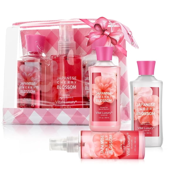 Vital Luxury Japanese Cherry Blossom Scent Bath&Body Set,3 Pcs,Shower Gel,Mist,and Lotion for Unisex
