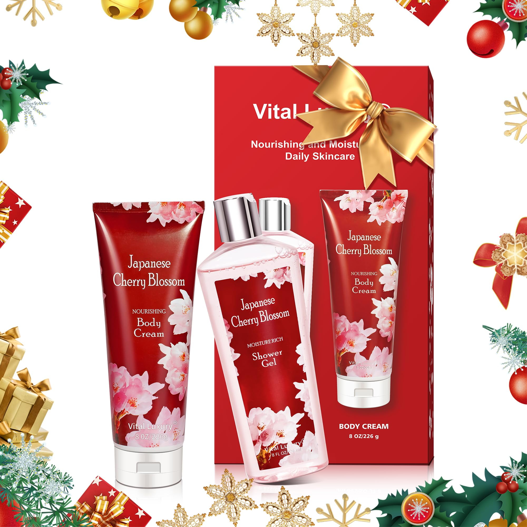Vital Luxury Shower Gel&Body Cream Gift Set,Japanese Cherry Blossom Scent for Unisex,8 fl oz Each