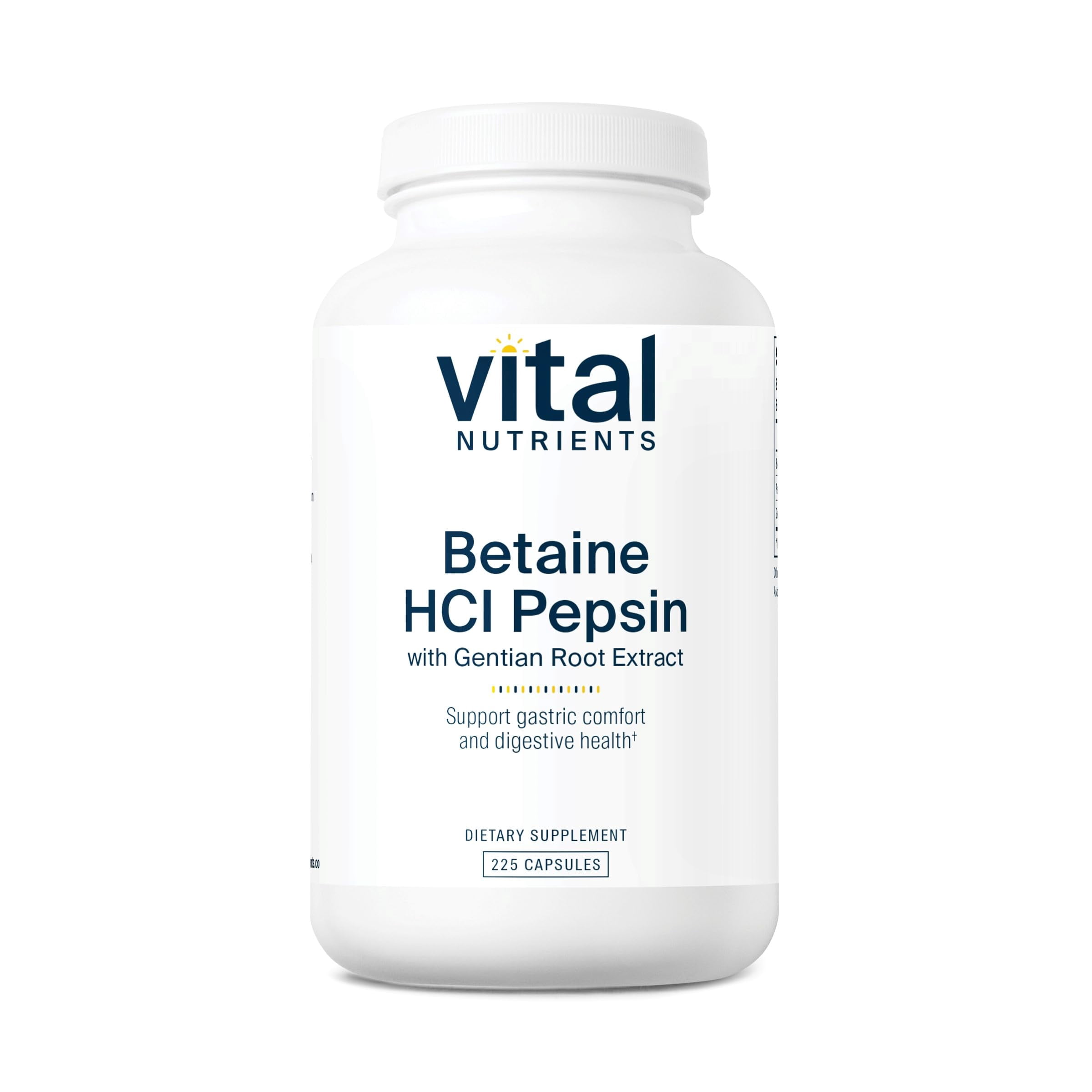 Vital Nutrients Betaine HCL Pepsin with Gentian Root Extract | Digestive Enzyme Formula to Support Protein Digestion and Nutrient Absorption | Gluten, Dairy, Soy Free | 225 Capsules