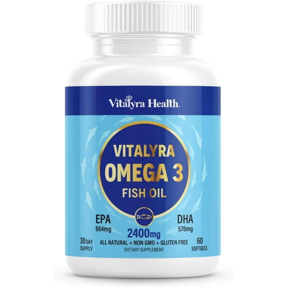 Vitalyra Omega 3 Fish Oil Supplement 2400mg EPA DHA Heart Brain Joint Support Non GMO Gluten Free Sugar Free Lemon Flavor 30 Day Supply