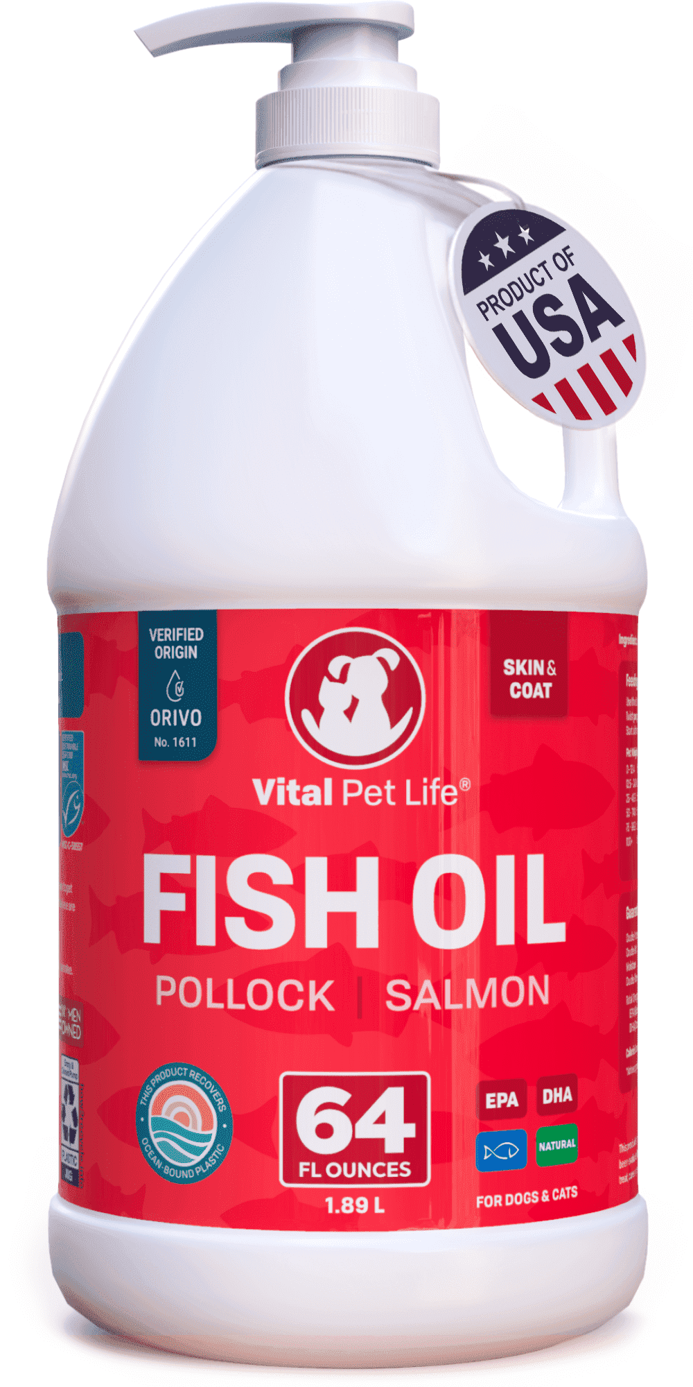 Vital Pet Life Fish Oil for Dogs & Cats for Skin, Coat & Joint Support, Omega 3 Salmon & Pollock Oil, 64 oz