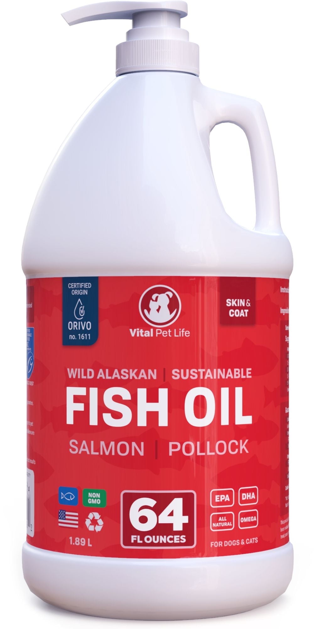 Vital Pet Life Fish Oil for Dogs & Cats, Salmon & Pollock, Supports Healthy Skin Coat & Joints, Natural Allergy & Inflammation Defense, 64 oz.