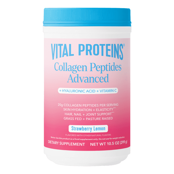 Vital Proteins Grass Fed Collagen Peptides Advanced Powder Supplement, with Hyaluronic Acid + Vitamin C, Strawberry Lemon Flavor, 10.5oz