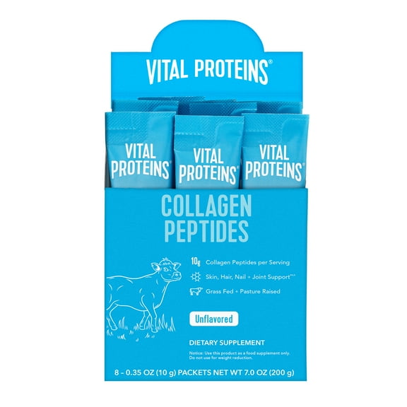 Vital Proteins Collagen Peptides Powder Stick Packs for Joints, Hair, Skin and Nails, Unflavored Collagen Support, 8 Count