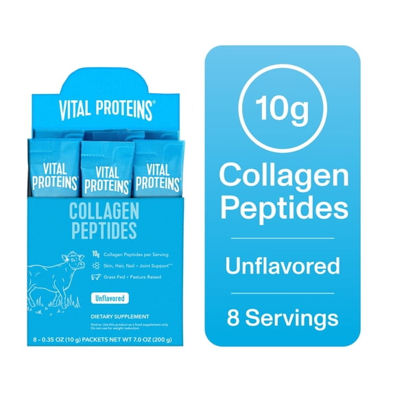 Vital Proteins Collagen Peptides Powder Stick Packs for Joints, Hair, Skin and Nails, Unflavored Collagen Support, 8 Count