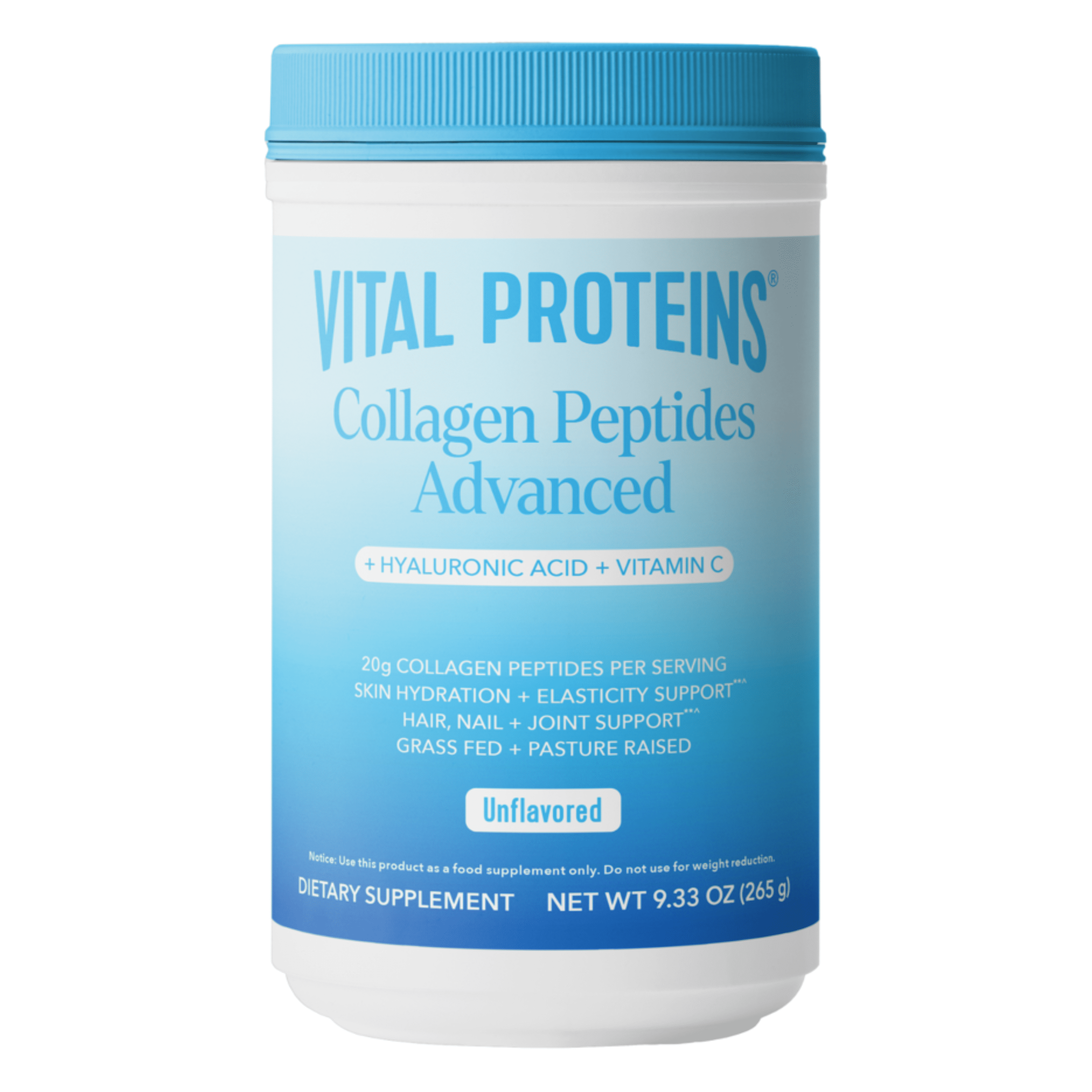Vital Proteins Grass Fed Collagen Peptides Advanced Powder Supplement, with Hyaluronic Acid + Vitamin C, Unflavored 9.33oz