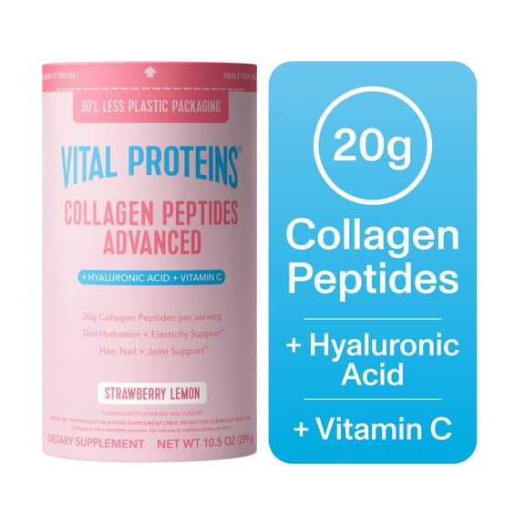Vital Proteins Grass Fed Collagen Peptides Advanced Powder Supplement, with Hyaluronic Acid + Vitamin C, Strawberry Lemon Flavor, 10.5oz
