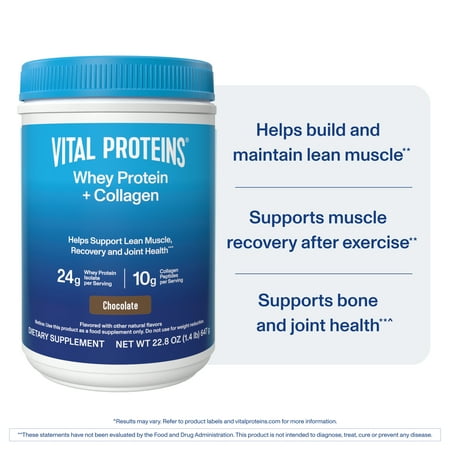 Vital Proteins Whey Protein + Collagen Peptides Powder, Supports Lean Muscle, Recovery and Joint Health, Chocolate, 22.8oz