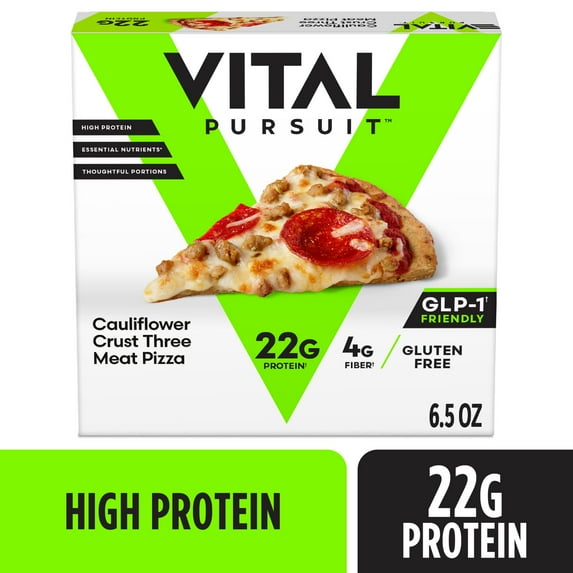 Vital Pursuit High Protein Personal Three Meat Pizza with Cauliflower Crust Frozen Food, Air Fryer Ready Dinner Meal, 6.5 oz (Frozen)