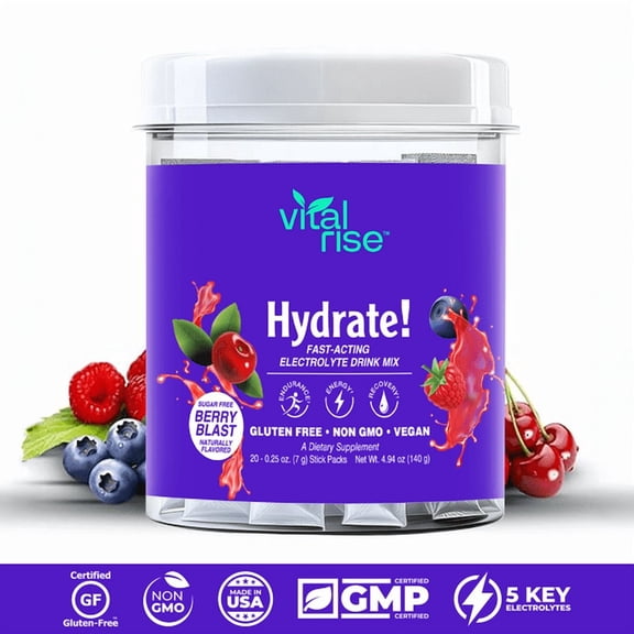 Vital Rise Hydrate! - Berry Blast - Hydration Powder Packets | Low Sodium Electrolyte Drink Mix | Easy Open Single-Serving Stick | Non-GMO | 20 Servings (Pack of 1)