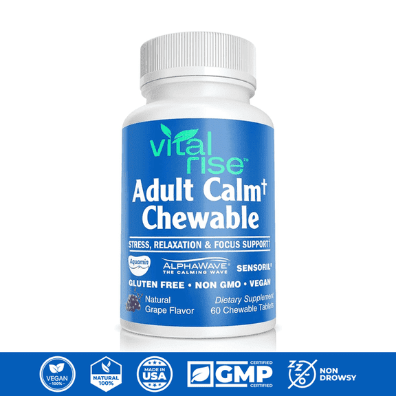 Vital Rise Magnesium & Ashwagandha Chewable Tablets for Adults – High Absorption Magnesium Stress Support Supplement – Gluten-Free, Vegan, Non-GMO, Grape-Flavored (60 Count)