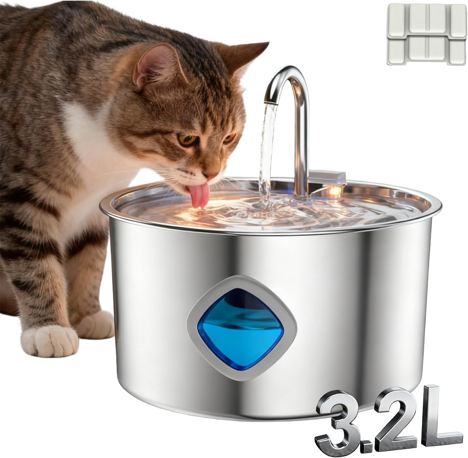 Vital Sip Cat Water Fountain - 108oz/3.2L Filtered Silent Stainless Steel Cat Faucet Fountain, VitalSip Dog Fountains with Water Level Viewing Window, Pet Drinking Fountains Indoor